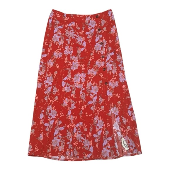 FREE PEOPLE Retro Love High Waist Midi Skirt Orange Floral Size 8 Boho Flowy - Picture 4 of 8